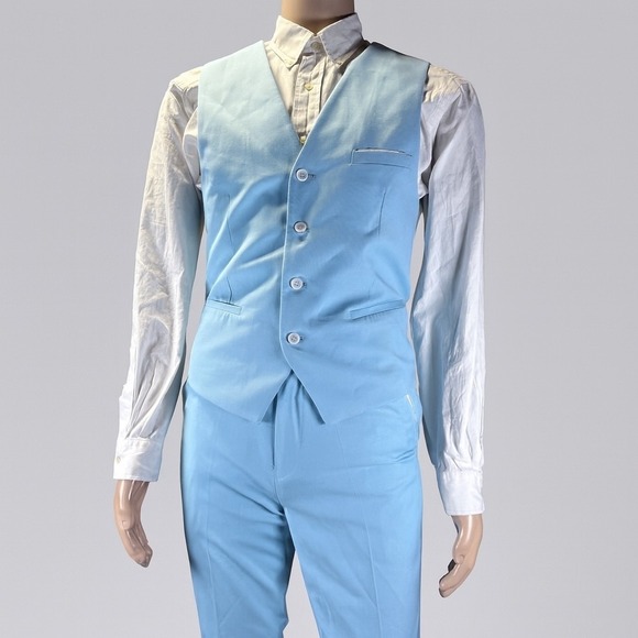 3 Piece Suit Men's 38R (XS) Jacket Vest Pants 30-34 X 29 Adj Waist Light Blue - Picture 3 of 14